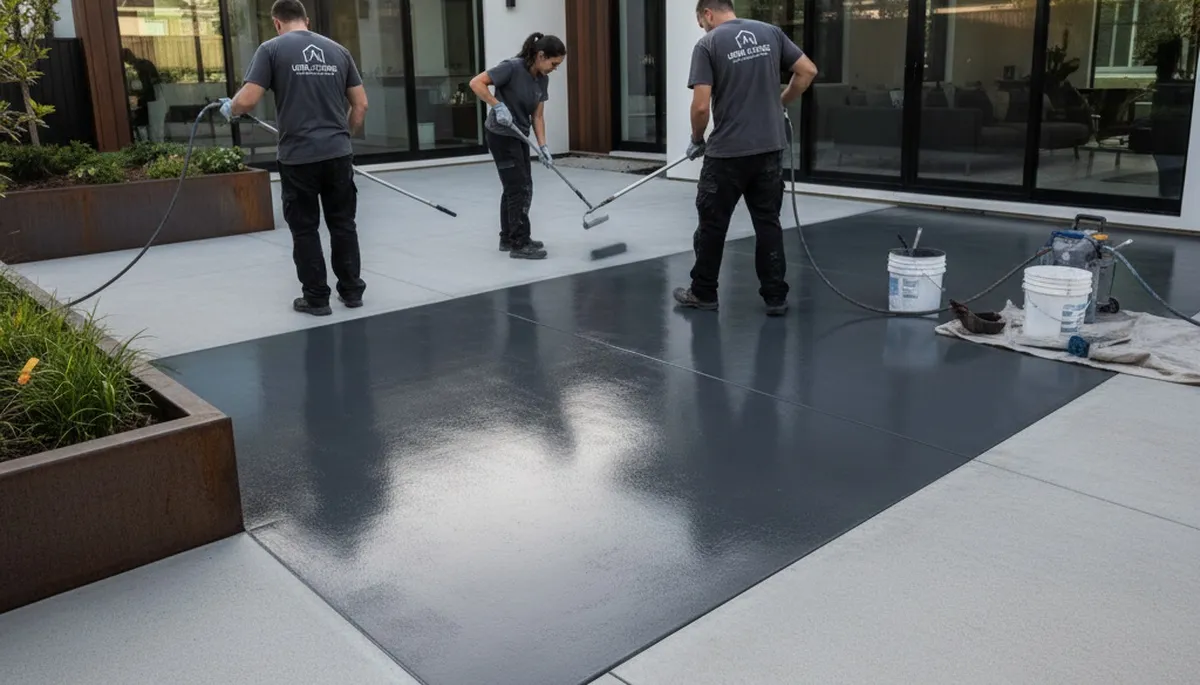 Professional concrete staining on residential garage floor in Buffalo, NY for durable winter protection